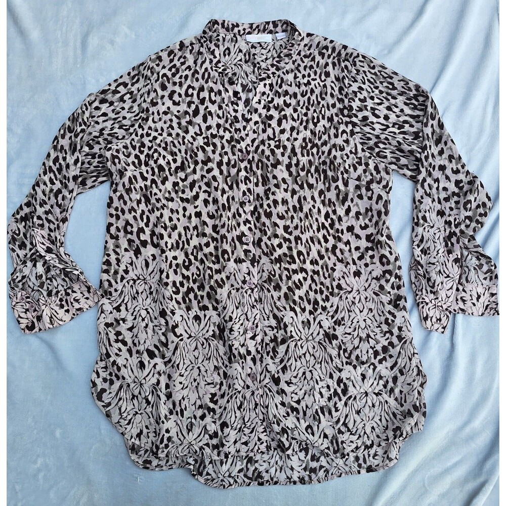 Belle by Kim Gravel Women's Top Sz L Wild Side Drama Sleeve Blouse Brow Leopard